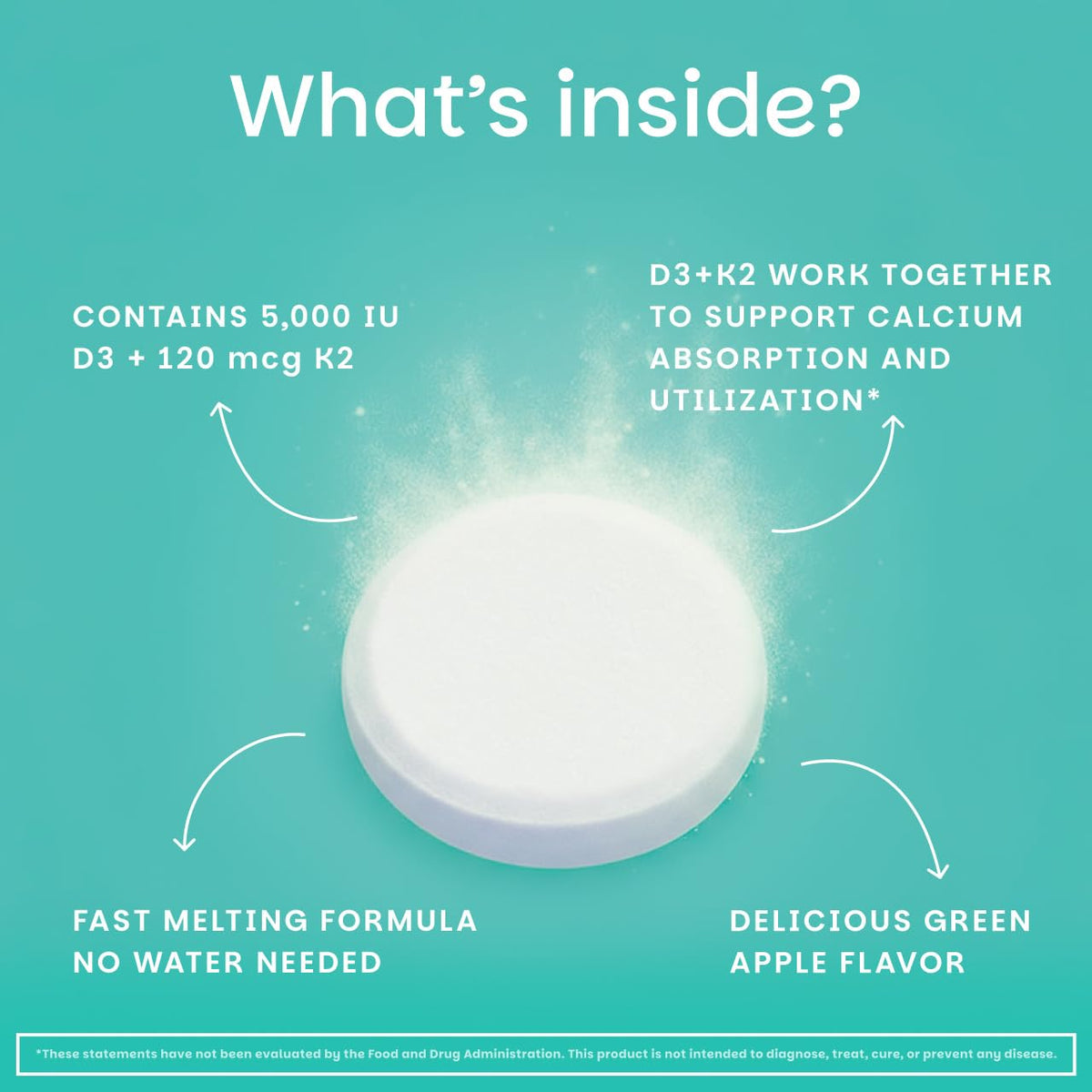 EZ Melts Dissolvable Vegan Vitamin D3 + K2 5,000 IU - Bone & Heart Health Support - Immune Function Support - No Artificial Flavors - Non-GMO - Green Apple - Maple Wellness Supplements