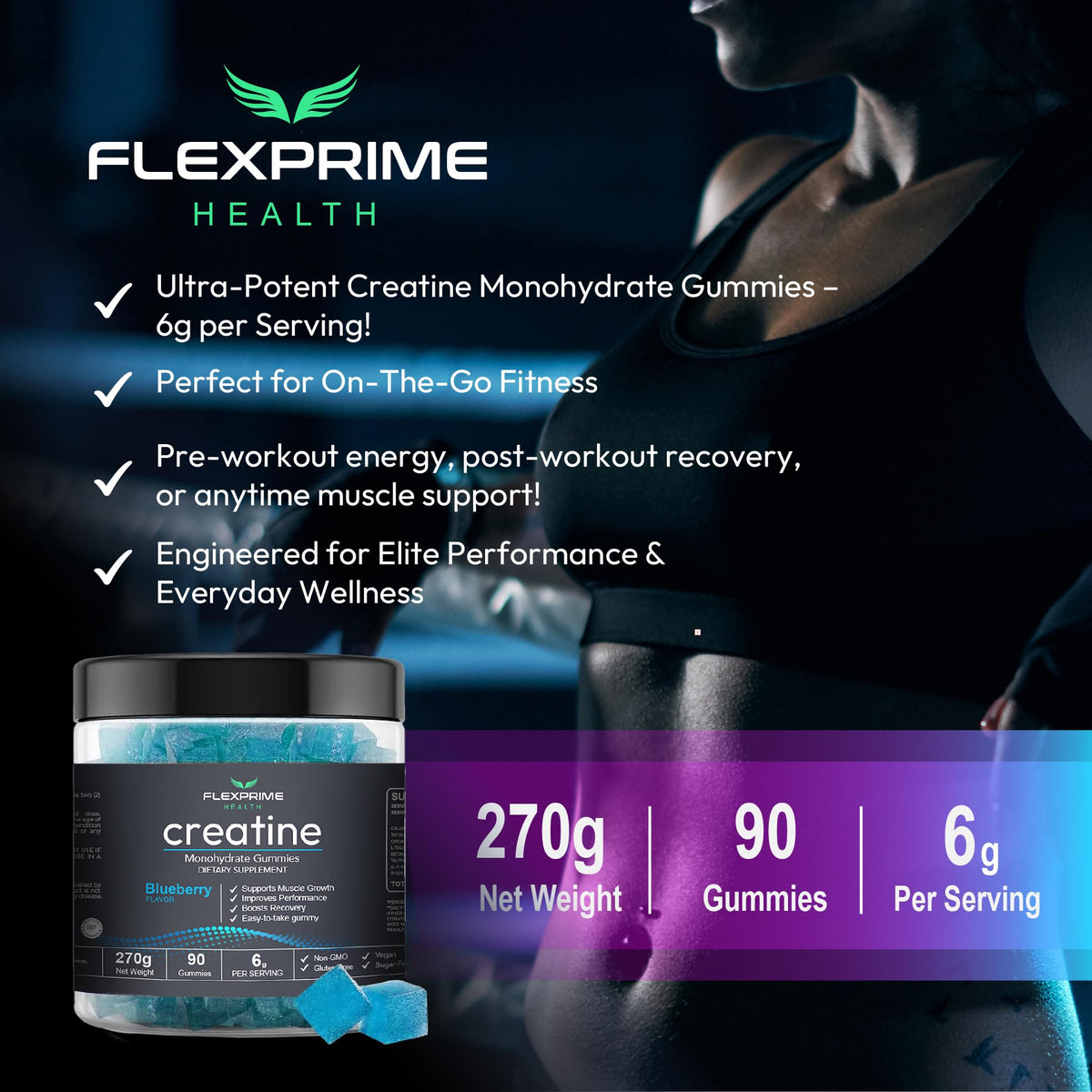 FlexPrime Creatine Gummies Sugar Free - 6g Creatine Monohydrate + L-Taurine, Alpha GPC, Betaine | Vegan Halal Blueberry Chews for Lean Muscle, Strength, Brain Health | Men Women 90 Count - Maple Wellness Supplements