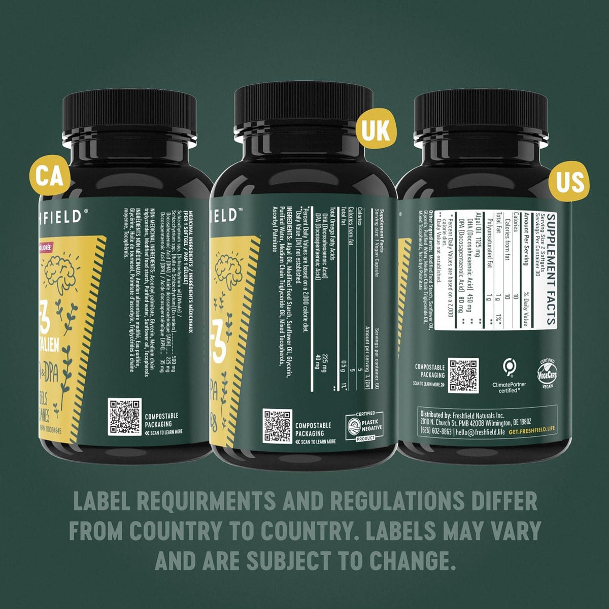 Freshfield Vegan Omega 3, Algae (Algal) Oil, Fish Oil Free Company, Third Party Tested, Carrageenan Free, DHA Supplement w/DPA - Maple Wellness Supplements