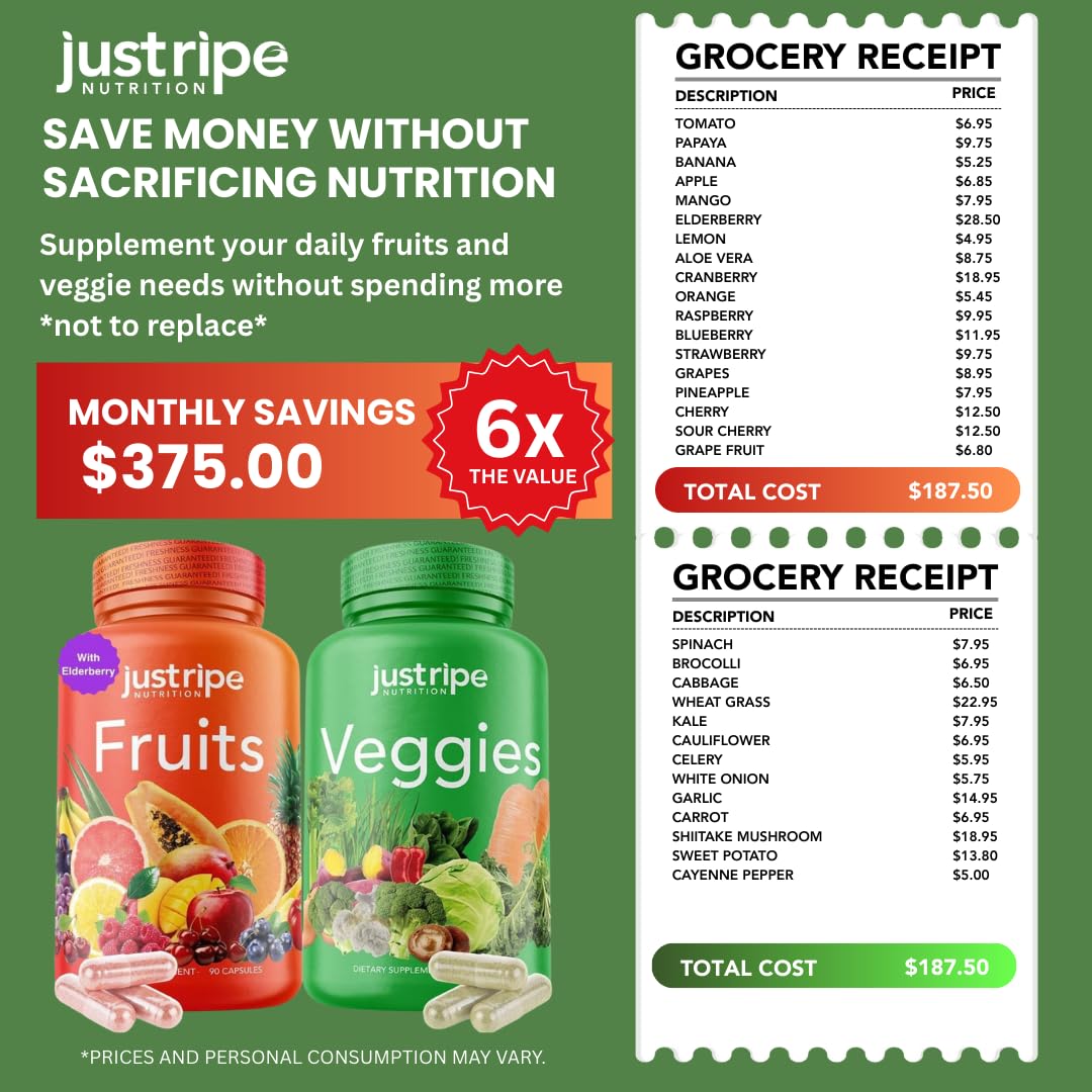 Fruits and Veggies Supplement - 90 Fruit and 90 Vegetable Capsules - 100% Whole Natural Superfood - Filled with Super Greens Vitamins and Minerals - Supports Balance Energy Levels (1 Pack) - Maple Wellness Supplements