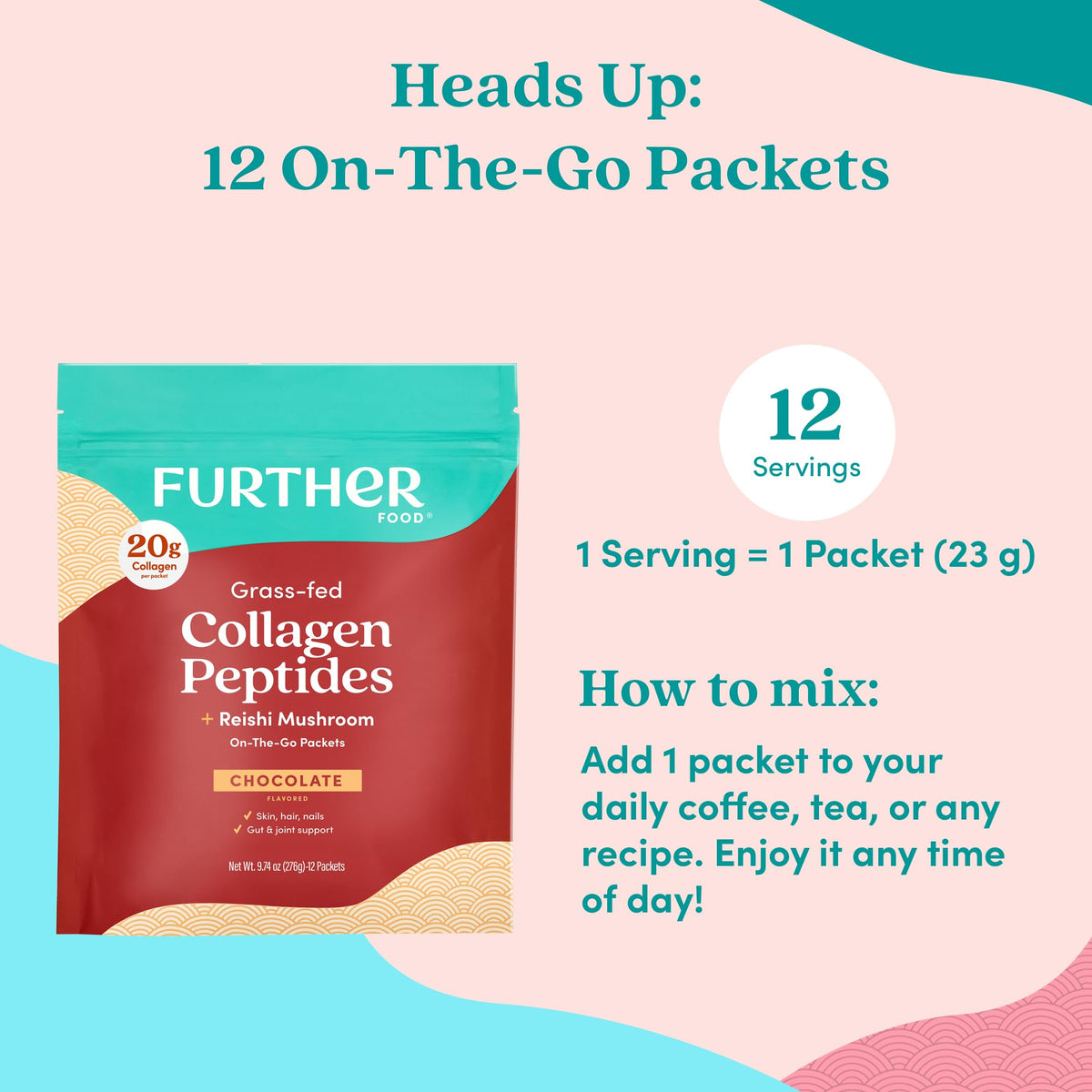 Further Food Chocolate Collagen Peptides Powder with Reishi Mushroom - 100% Grass-Fed, Hydrolyzed Type 1 & 3, 20g of Collagen per Serving, Supports Skin, Hair, Nails & Joints, Stick Packs, 9.74 Oz - Maple Wellness Supplements