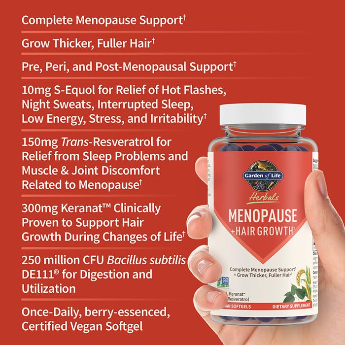 Garden of Life Herbals Menopause Supplement with S-equol & Trans-Resveratrol for Multi-Symptom Relief, Keranat for Thicker, Fuller Hair Growth – Non-GMO, Gluten-Free, Vegan, Berry Flavor, 30 Servings - Maple Wellness Supplements