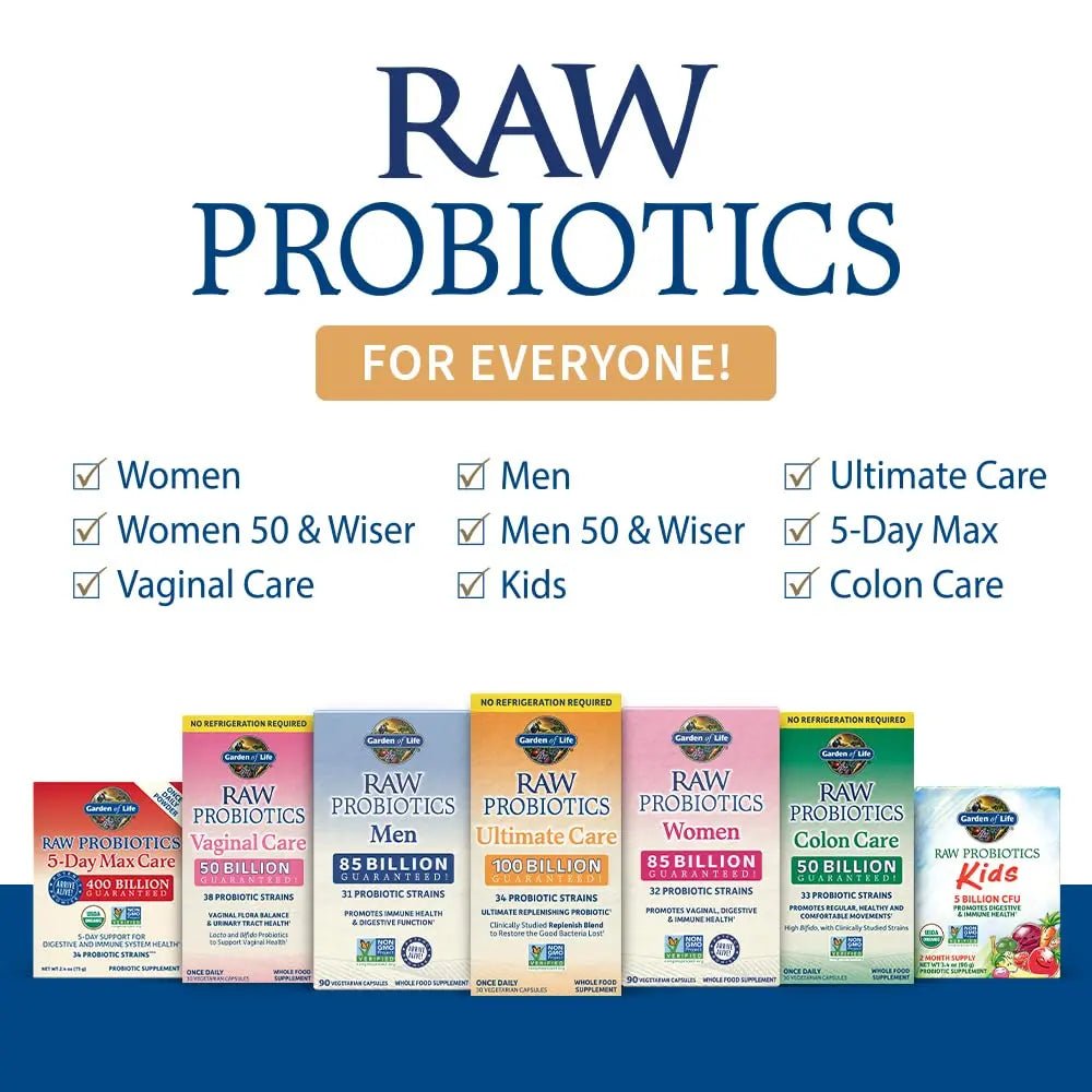 Garden of Life Probiotics for Women and Men - Raw Probiotics Colon Care 50 Billion CFU and Enzymes, Shelf Stable Once Daily Acidophilus Probiotic for Regularity and Immune Health Support, 30 Capsules - Maple Wellness Supplements