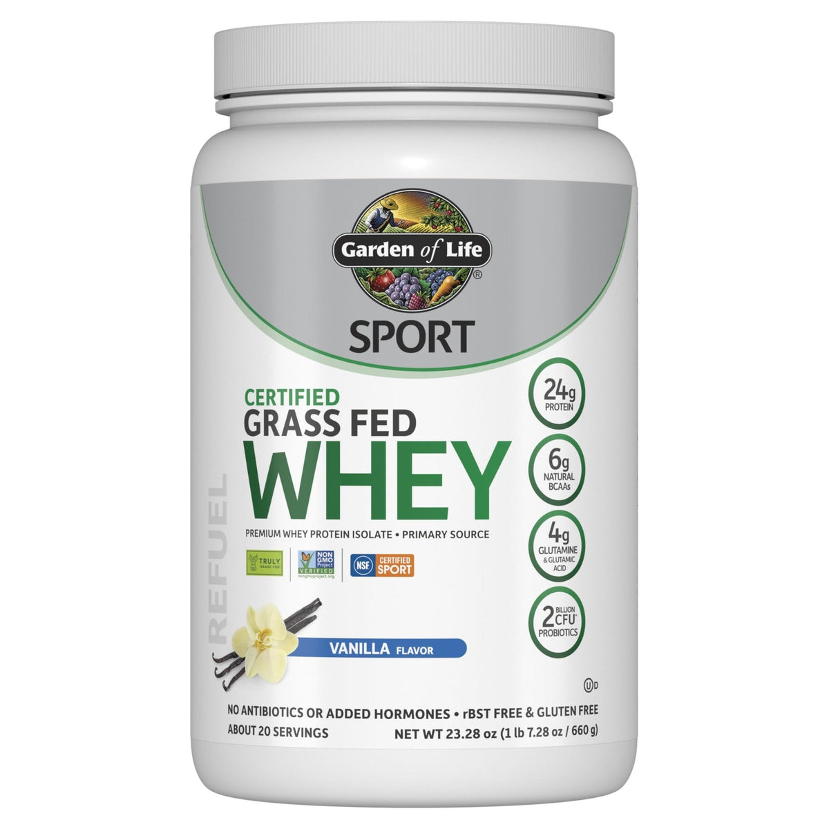 Garden of Life Sport Grass Fed Whey Protein Powder – 24g Whey Protein Isolate for Women & Men with Probiotics & Glutamine, Non-GMO, Gluten-Free, Cold-Processed, Vanilla Flavor, 20 Servings - Maple Wellness Supplements