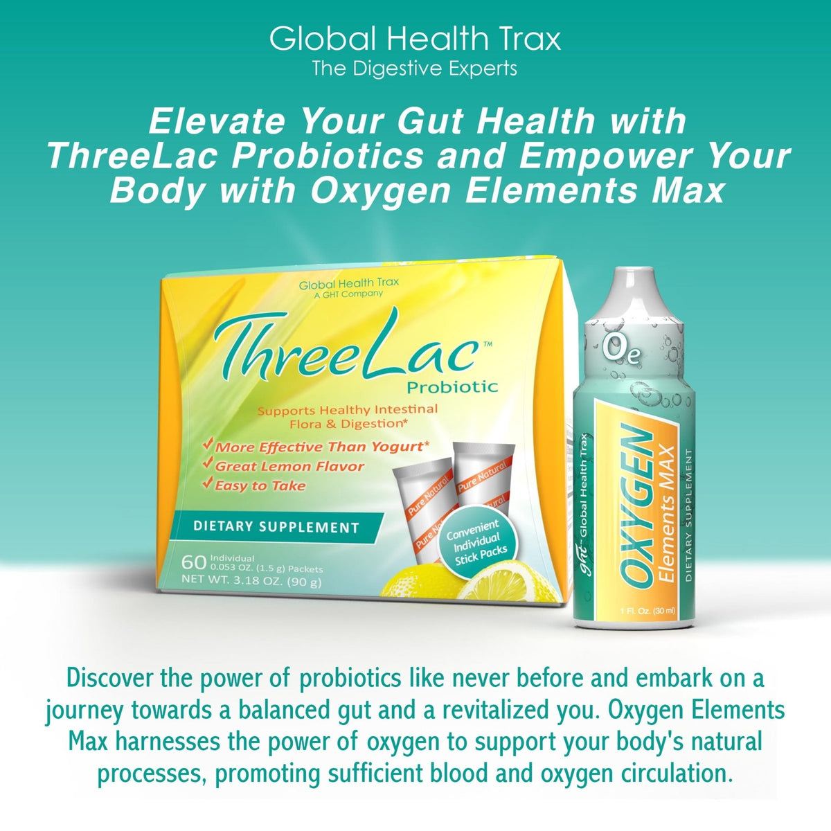 GHT – Ultimate Gut & Oxygen Duo: ThreeLac Lemon Probiotic Powder (180 Packets) & Oxygen Elements Max Drops (3oz) - Digestive Support & Cellular Vitality - Maple Wellness Supplements