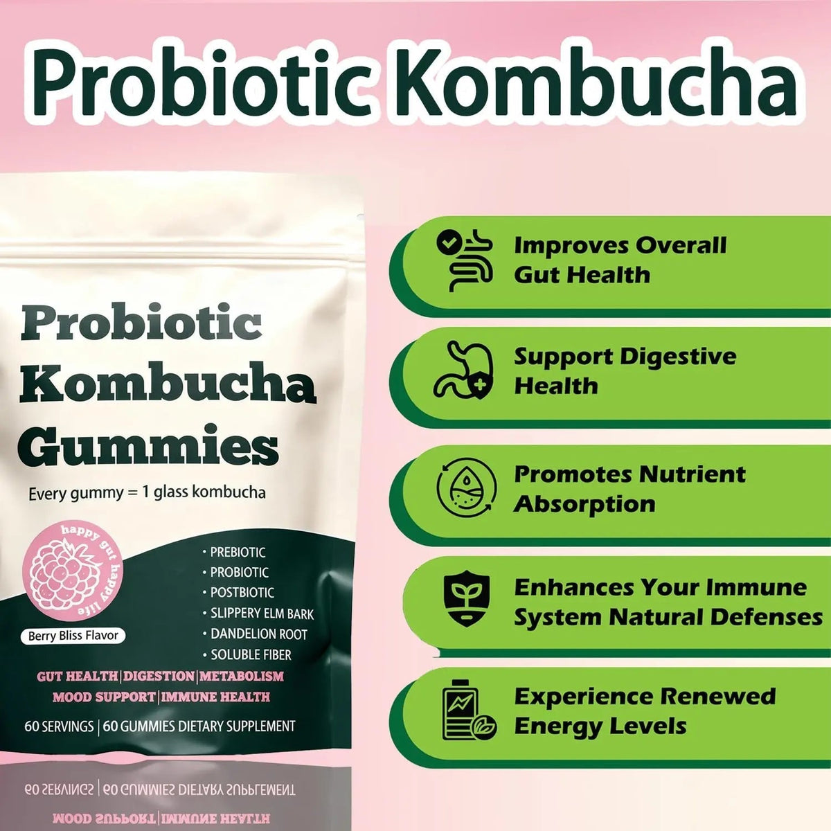 Glo Vous Probiotic Kombucha Gummies – 60 Gummies, with Prebiotics, Postbiotics & Fiber,Includes Slippery Elm, Dandelion Root & MCT Oil,Supports Digestive Health, Bloating Relief & Gut Support - Maple Wellness Supplements