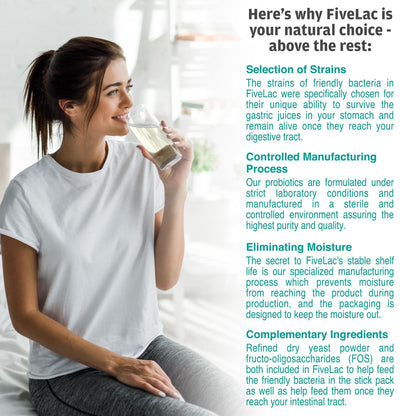 Global Health Trax GHT - FiveLac + Threelac Lemon Probiotic Powder Drink Mix, Probiotics for Women, Men, Kids, Smooth Digestive Support & Elimination, Relieves Constipation & Gas - 60 Packets, Non-GMO - Maple Wellness Supplements