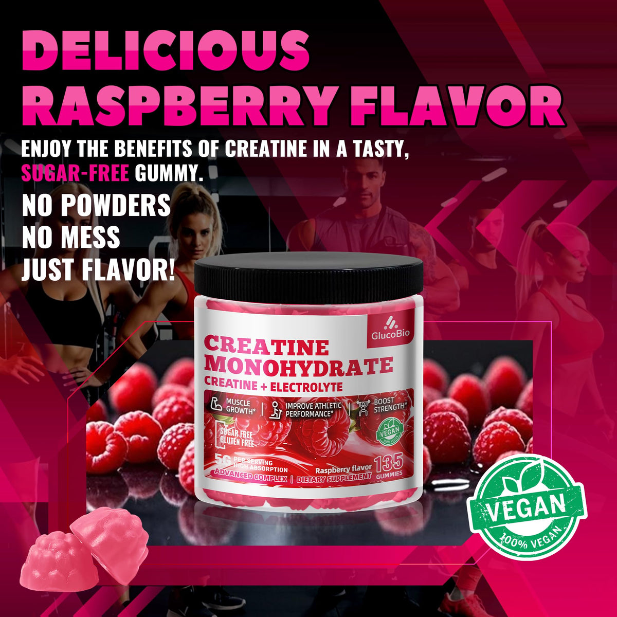 GlucoBio Creatine Monohydrate Gummies (5g) – Pre-Workout Energy & Muscle Growth Support for Men & Women - Maple Wellness Supplements