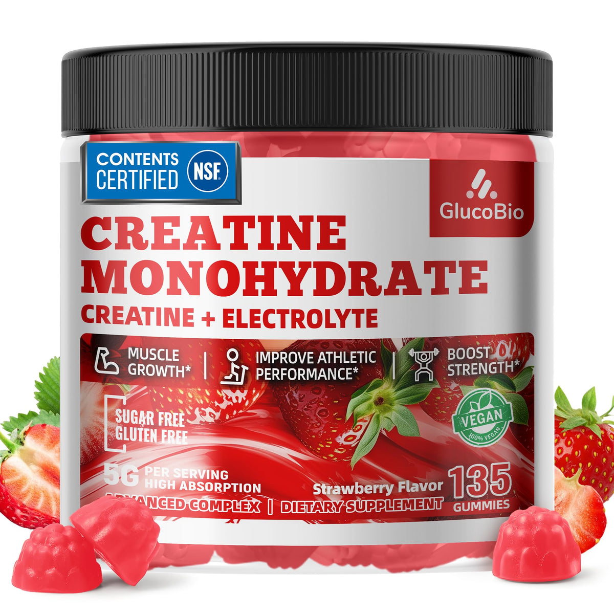 GlucoBio Creatine Monohydrate Gummies (5g) – Pre-Workout Energy & Muscle Growth Support for Men & Women - Maple Wellness Supplements