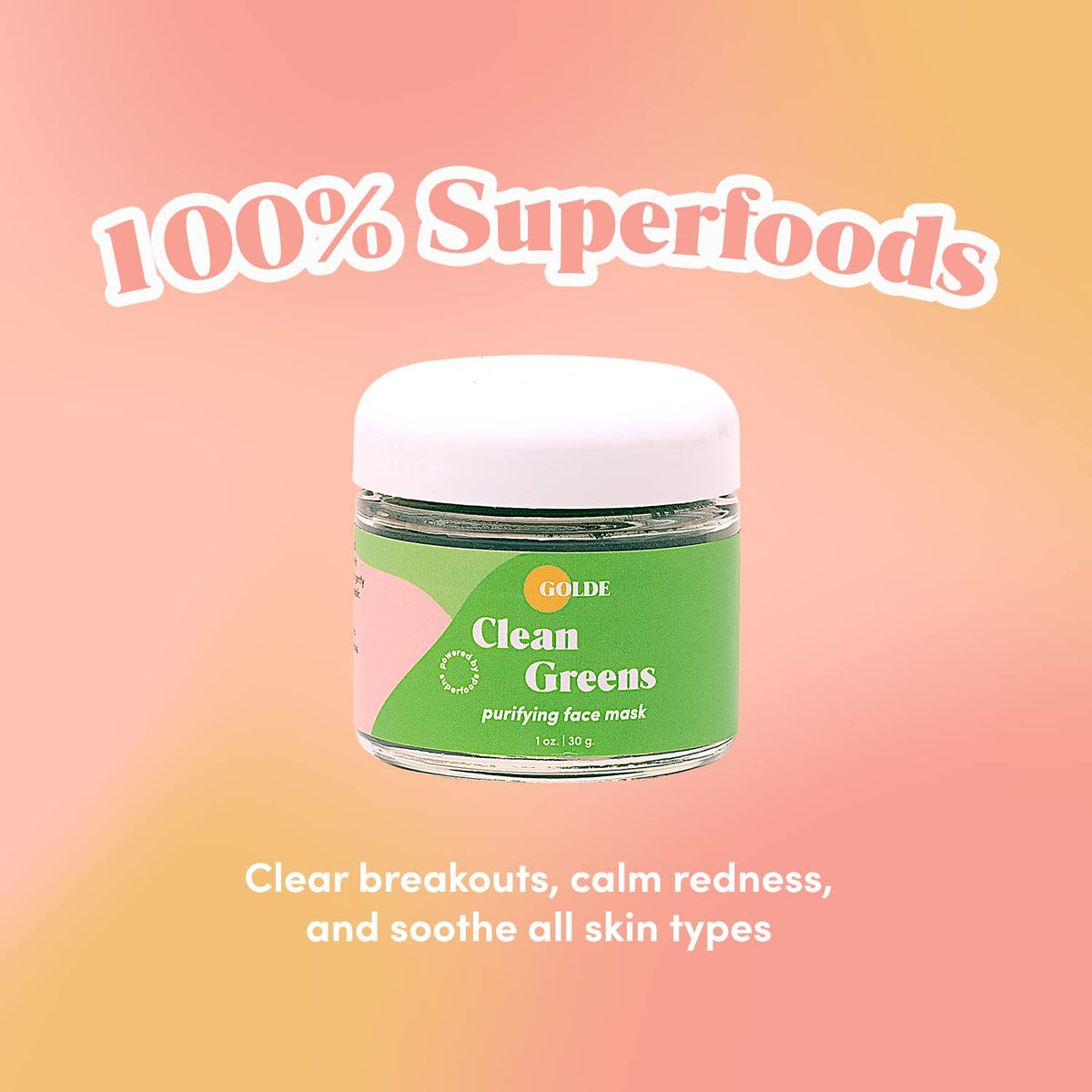 GOLDE - Clean Greens Superfood Face Mask - Made w/Chlorella & Spirulina - Great for Acne Prone, Oily & Dry Skin, Hydrating - Gentle Cleanser - Vegan - Aluminum-Free - 30g Jar - Maple Wellness Supplements