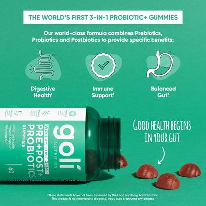Goli Pre Pro Postbiotic Gummies - Worlds First 3-in-1 Formula with DE111 Probiotics, XOS Prebiotics, MCC1849 Postbiotics - Vegan, Non-GMO, Gluten-Free - Maple Wellness Supplements