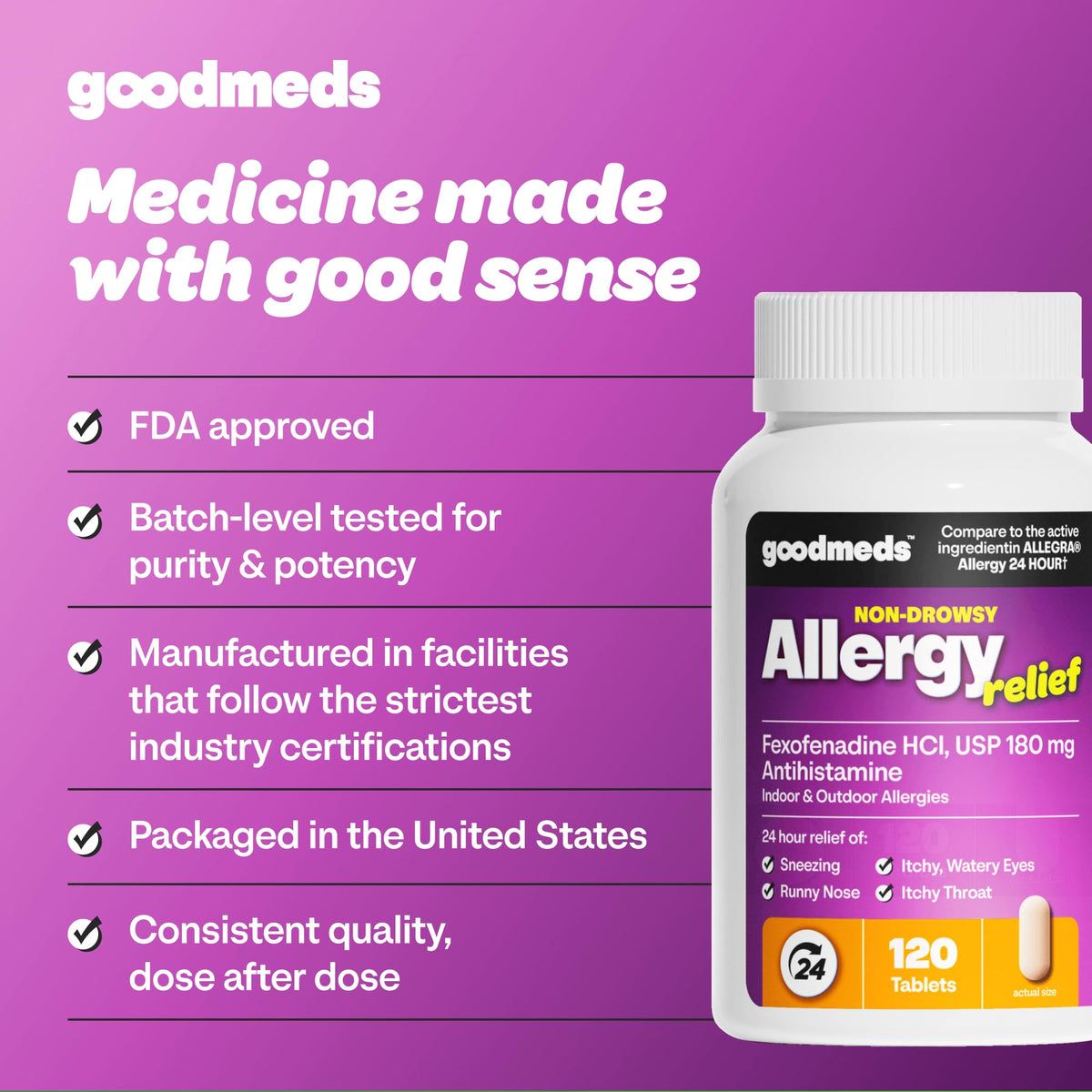 GoodMeds Compare to Allegra | Fexofenadine HCl 180mg | 24-Hour Allergy Relief, Non-Drowsy Antihistamine Generic Medicine for Allergies, Hay Fever, Itchy Eyes | for Kids & Adults (120 Count) - Maple Wellness Supplements