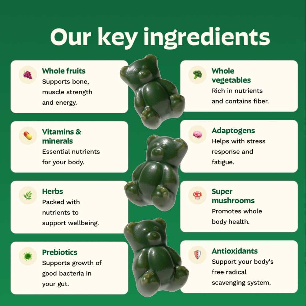 Gruns Adult Super Greens Multivitamin Gummies, Superfood Gummy Vitamins for Women and Men with Spirulina, Chlorella, Adaptogens & Prebiotic Fiber for Digestive Health (28 Count) - Maple Wellness Supplements