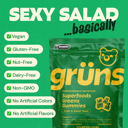 Gruns Adult Super Greens Multivitamin Gummies, Superfood Gummy Vitamins for Women and Men with Spirulina, Chlorella, Adaptogens & Prebiotic Fiber for Digestive Health (28 Count) - Maple Wellness Supplements
