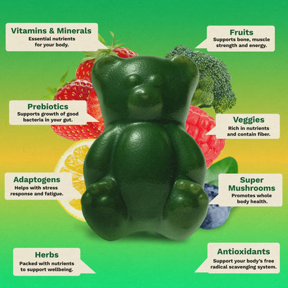 Gruns Sugar-Free Super Greens Gummies, Multivitamin Superfood Gummy Bears, Spirulina, Chlorella, Prebiotics & Fiber gummies for Digestive Health, Adaptogens Supplement, 20 Vitamins & Minerals, 10 pack - Maple Wellness Supplements