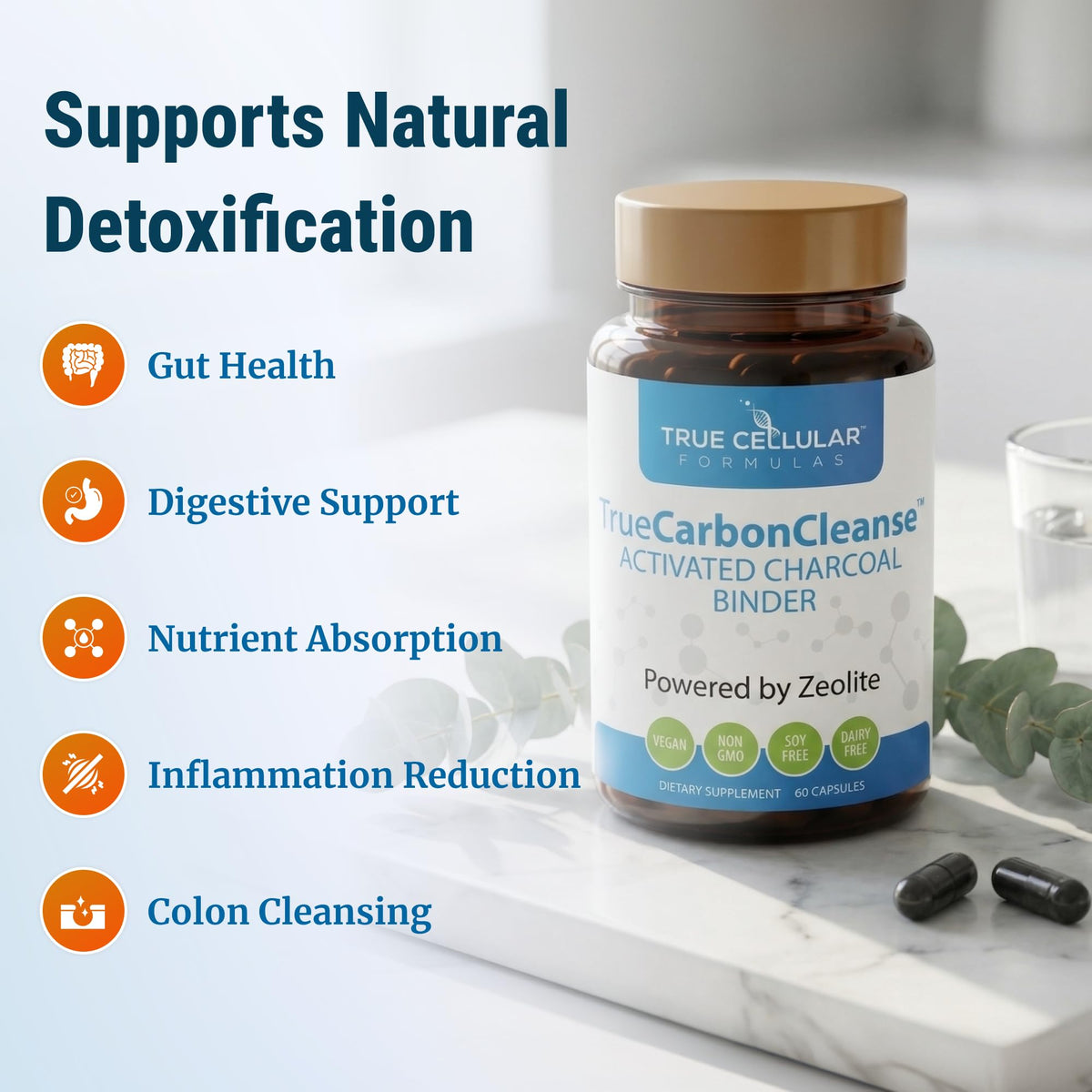 Gut Detox & Liver Cleanse - Organic Activated Charcoal Capsules with Clinoptilolite Zeolite Binder - TrueCarbonCleanse™ Carbon Supplement - 60 Bamboo Charcoal Pills - Maple Wellness Supplements