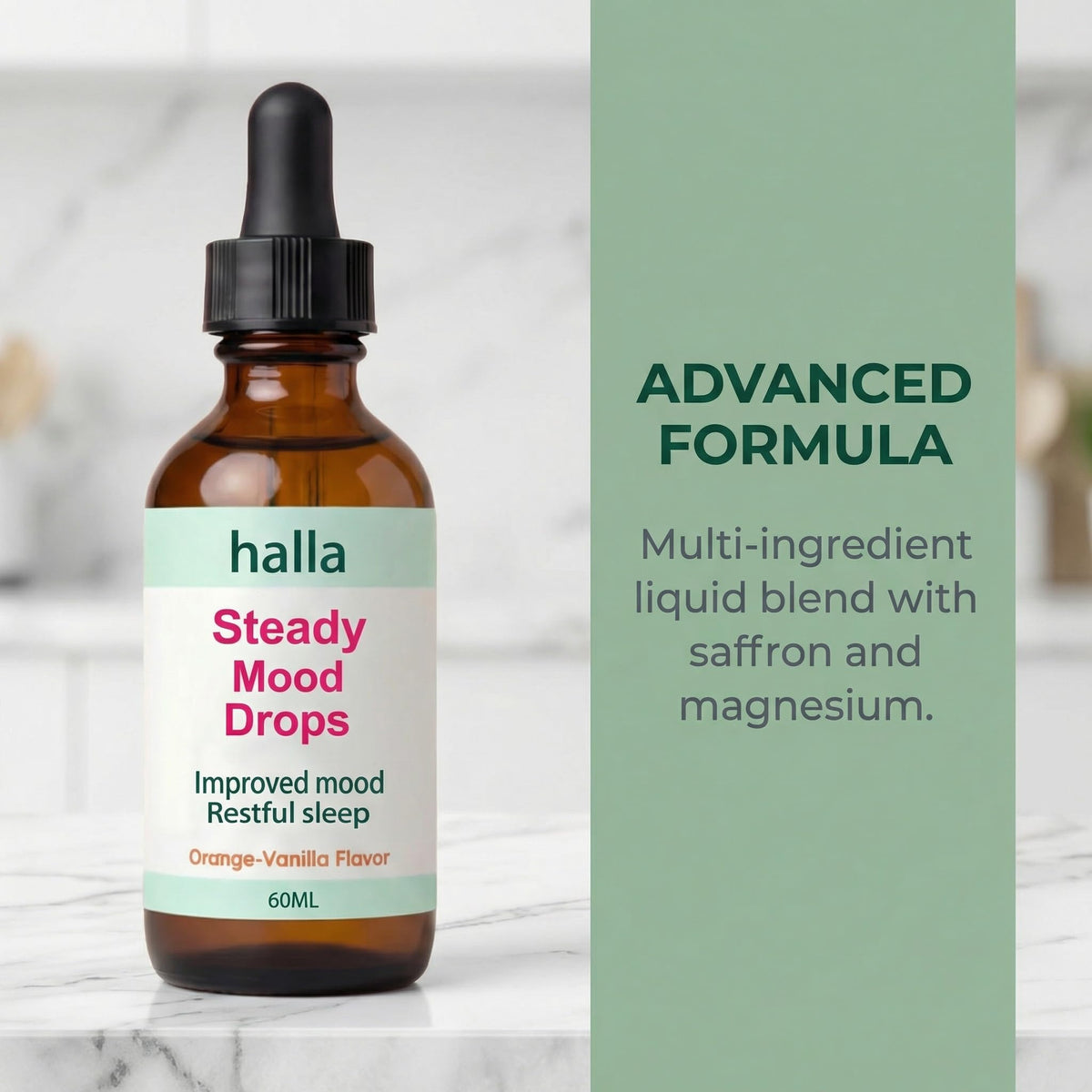 Halla Steady Mood Drops, with Saffron Extract – Fast Absorption Cognitive & Emotional Balance Supplement – Advanced Brain Nutrient Blend – Orange Vanilla Flavor, 2 fl oz - Maple Wellness Supplements