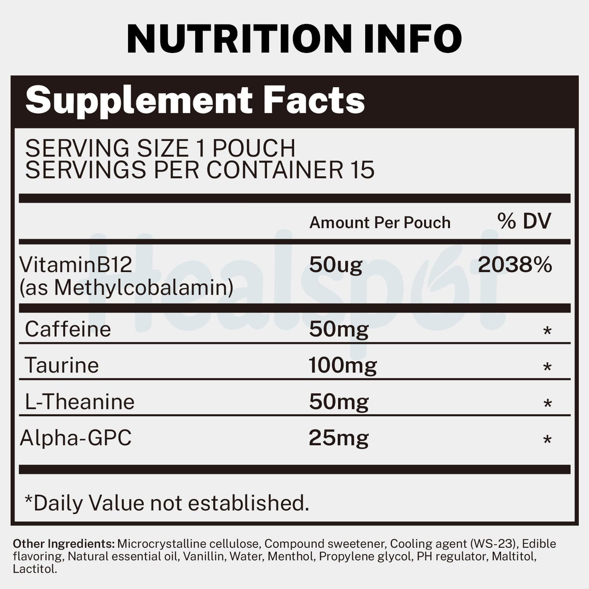 Healspot Nootropic Caffeine Pouches, Energy Pouches with 50mg Caffeine | Taurine | Vitamin B12 | Alpha-GPC | L-Theanine, Focus and Energy Supplements Variety Packs 5 Flavors - Maple Wellness Supplements