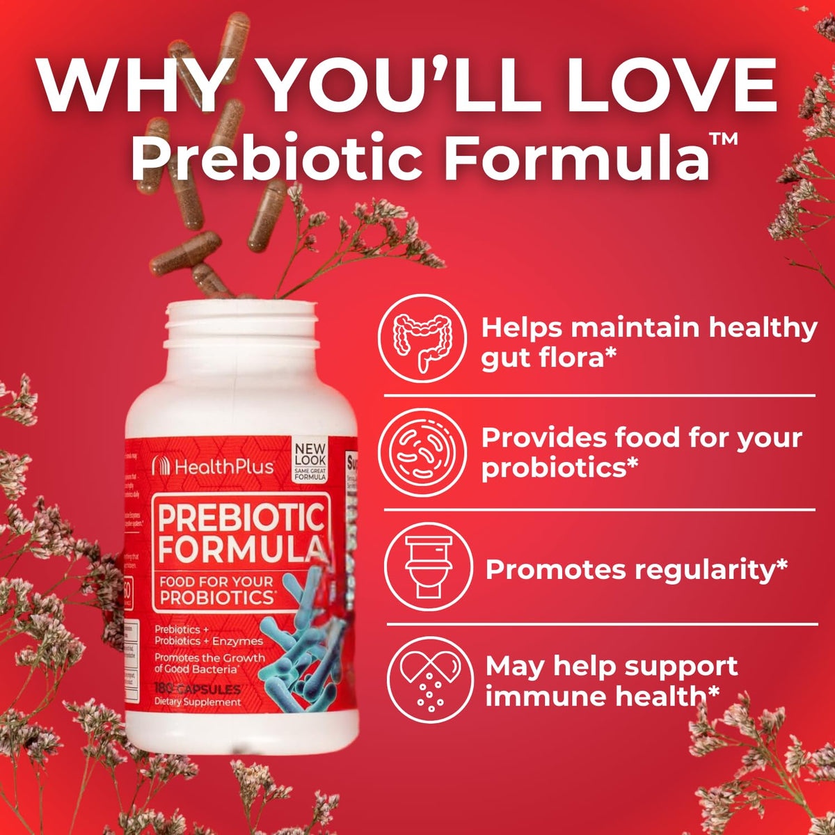 Health Plus Prebiotic Formula - Probiotics + Prebiotics + Digestive Enzymes - Gluten Free, Dairy Free, Natural Herbal Ingredients - Maple Wellness Supplements