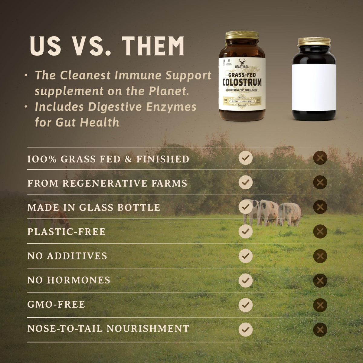 HEART & SOIL 100% Grass Fed & Finished Colostrum Supplement from Regenerative Cattle for Gut, Muscle & Immune Health – 3000mg Bovine Colostrum Capsules - Gut Health for Men & Women –180 Capsules - Maple Wellness Supplements