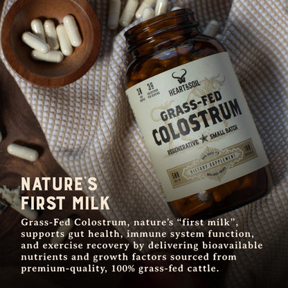 HEART & SOIL 100% Grass Fed & Finished Colostrum Supplement from Regenerative Cattle for Gut, Muscle & Immune Health – 3000mg Bovine Colostrum Capsules - Gut Health for Men & Women –180 Capsules - Maple Wellness Supplements