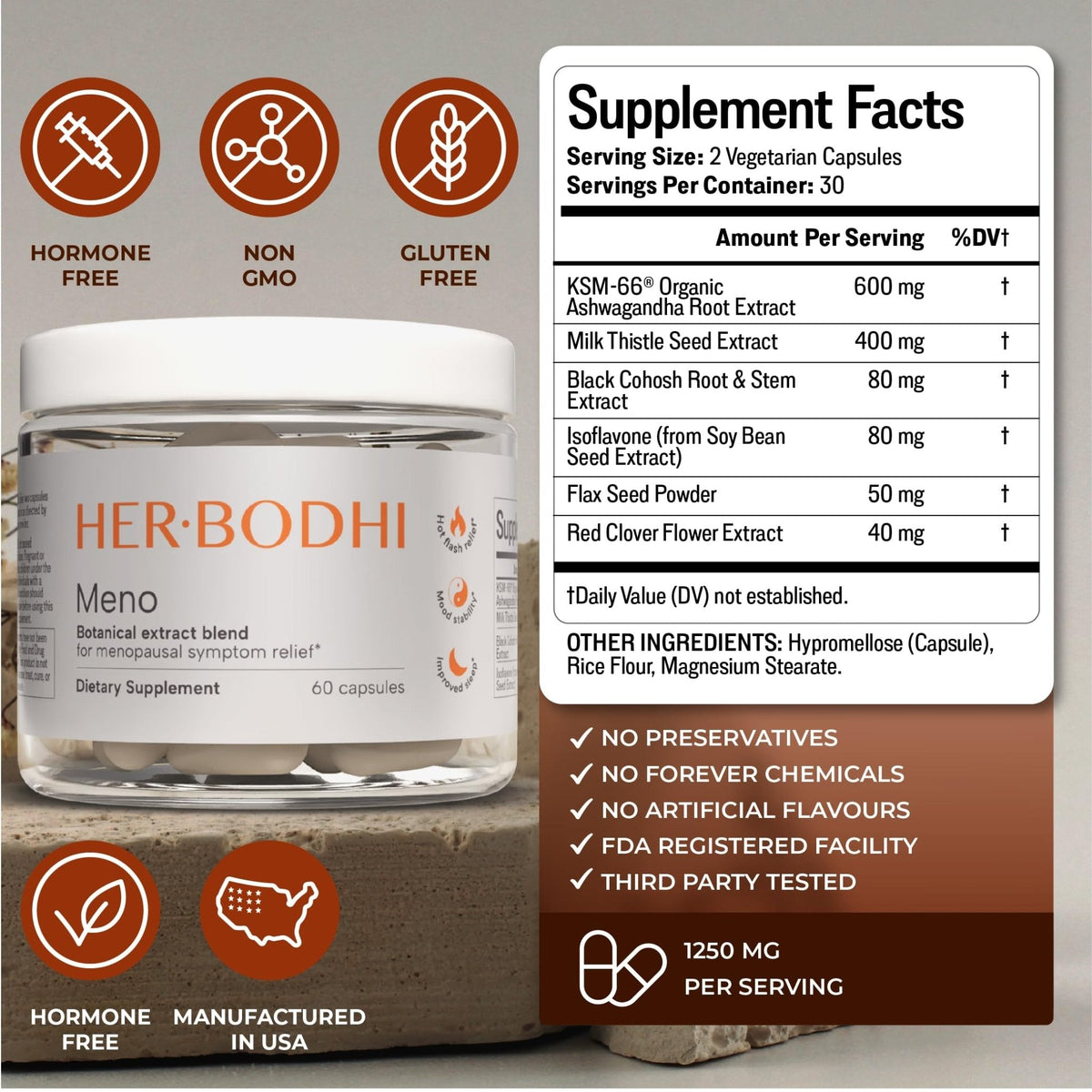 Her Bodhi Meno- Menopause Hormonal Balance for Women, Estrogen Soy Isoflavones Menopause Supplement for Women | with Ashwagandha & Black Cohosh | Hot Flashes Menopause Relief (60 Capsules) - Maple Wellness Supplements