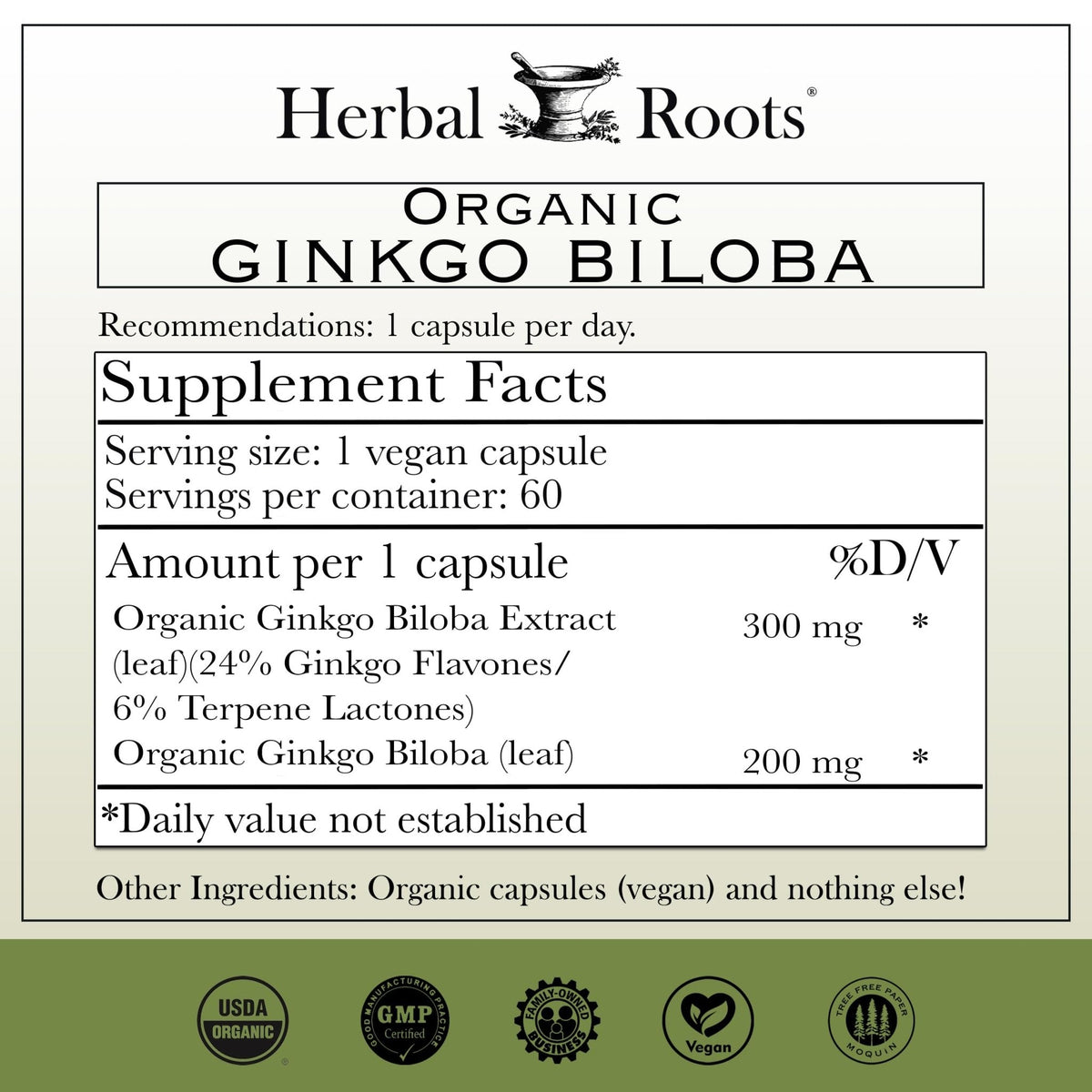 Herbal Roots Organic Ginkgo Biloba Made with Pure Organic Ginkgo Leaf and Extract - 60 Vegan Capsules - Maple Wellness Supplements