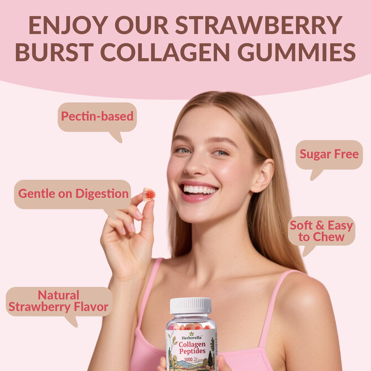 Herbovella Marine Collagen Peptides Gummies for Women- Hydrolyzed Collagen Peptides 1000mg with Biotin, Vitamins, Hyaluronic Acid- for Skin Hair Nails -Sugar Free, 30 Servings, Peach Flavor - Maple Wellness Supplements