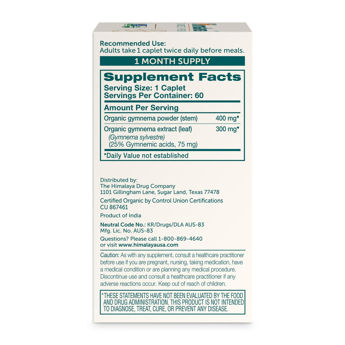 Himalaya Organic Gymnema Sylvestre – Herbal Glucose Metabolism Support - USDA Organic, Non-GMO, Vegan, Gluten Free, Additive Free, 700 mg, 60 Caplets - Maple Wellness Supplements
