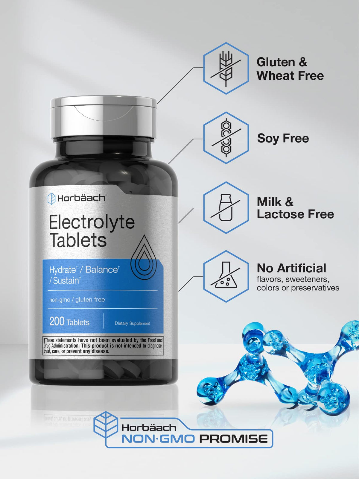 Horbäach Electrolyte Tablets | 200 Count | Helps Hydrate, Balance, & Sustain | with Calcium, Magnesium, Chloride, Sodium and Potassium | Vegetarian, Non-GMO & Gluten Free - Maple Wellness Supplements
