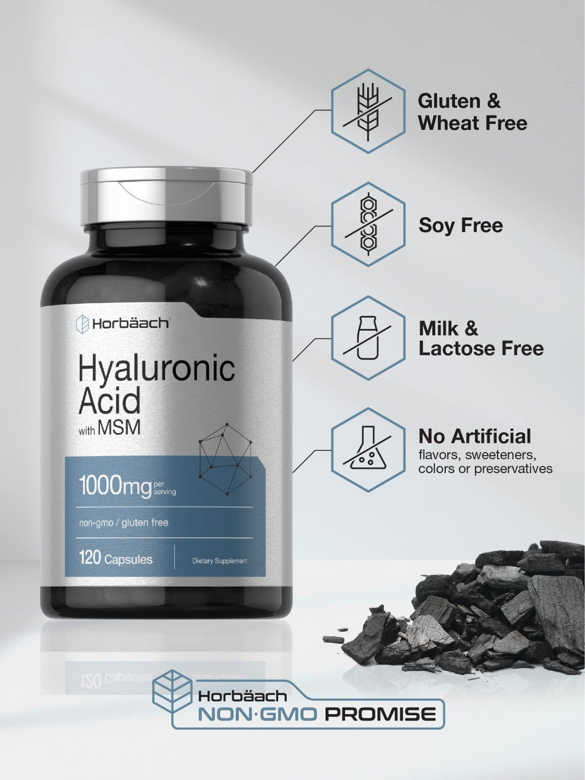 Horbäach Hyaluronic Acid with MSM | 1000 mg | 120 Capsules | Non-GMO and Gluten Free Supplement | Bioavailable Formula - Maple Wellness Supplements