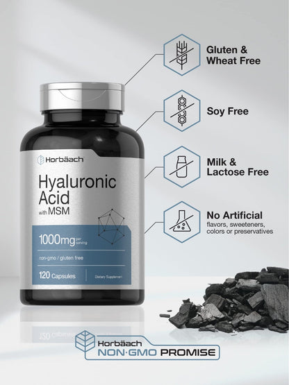 Horbäach Hyaluronic Acid with MSM | 1000 mg | 120 Capsules | Non-GMO and Gluten Free Supplement | Bioavailable Formula - Maple Wellness Supplements