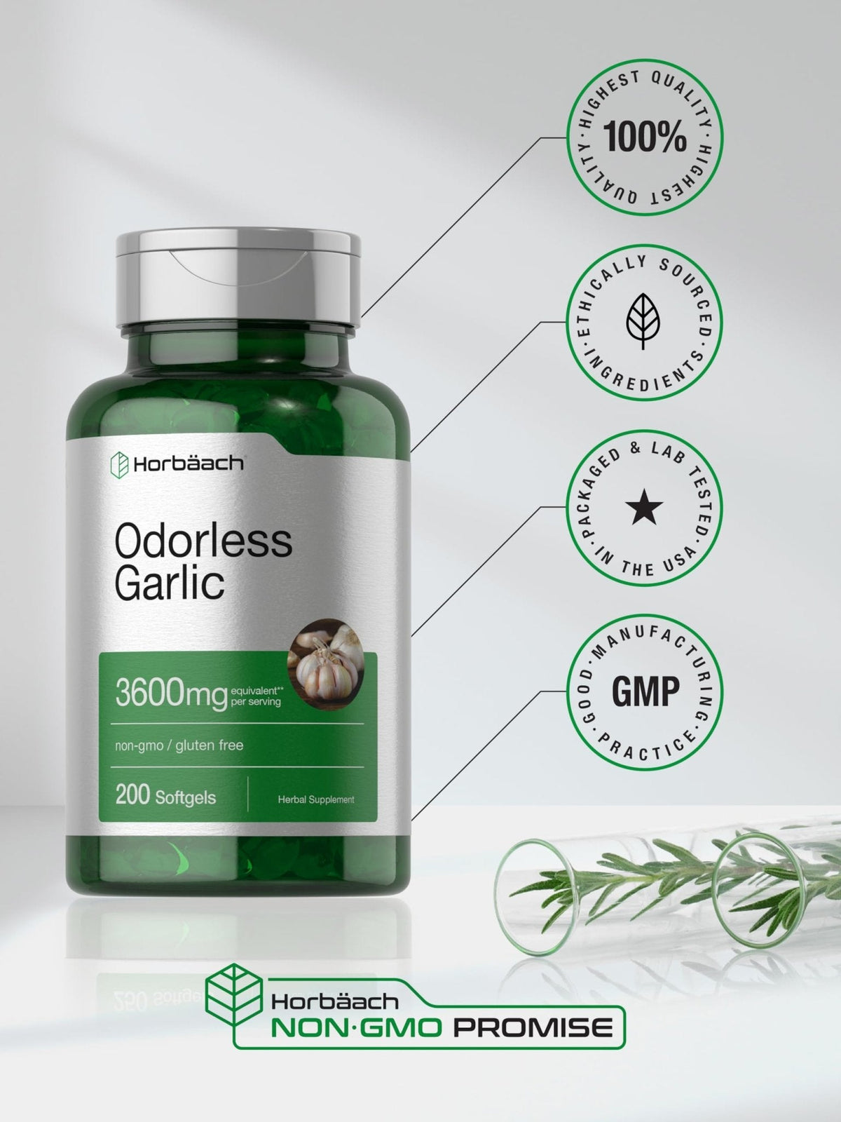 Horbäach Odorless Garlic Softgel Supplement | 200 Count | Ultra Potent Concentrated Herbal Extract | Non-GMO & Gluten Free - Maple Wellness Supplements
