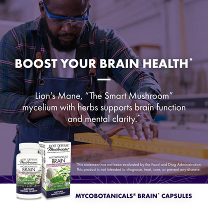 Host Defense MycoBotanicals Brain* Capsules - Brain Support Supplement with Lion's Mane, Reishi & Cordyceps Mushroom - Herbal Supplement for Memory & Focus Support - 60 Capsules - Maple Wellness Supplements