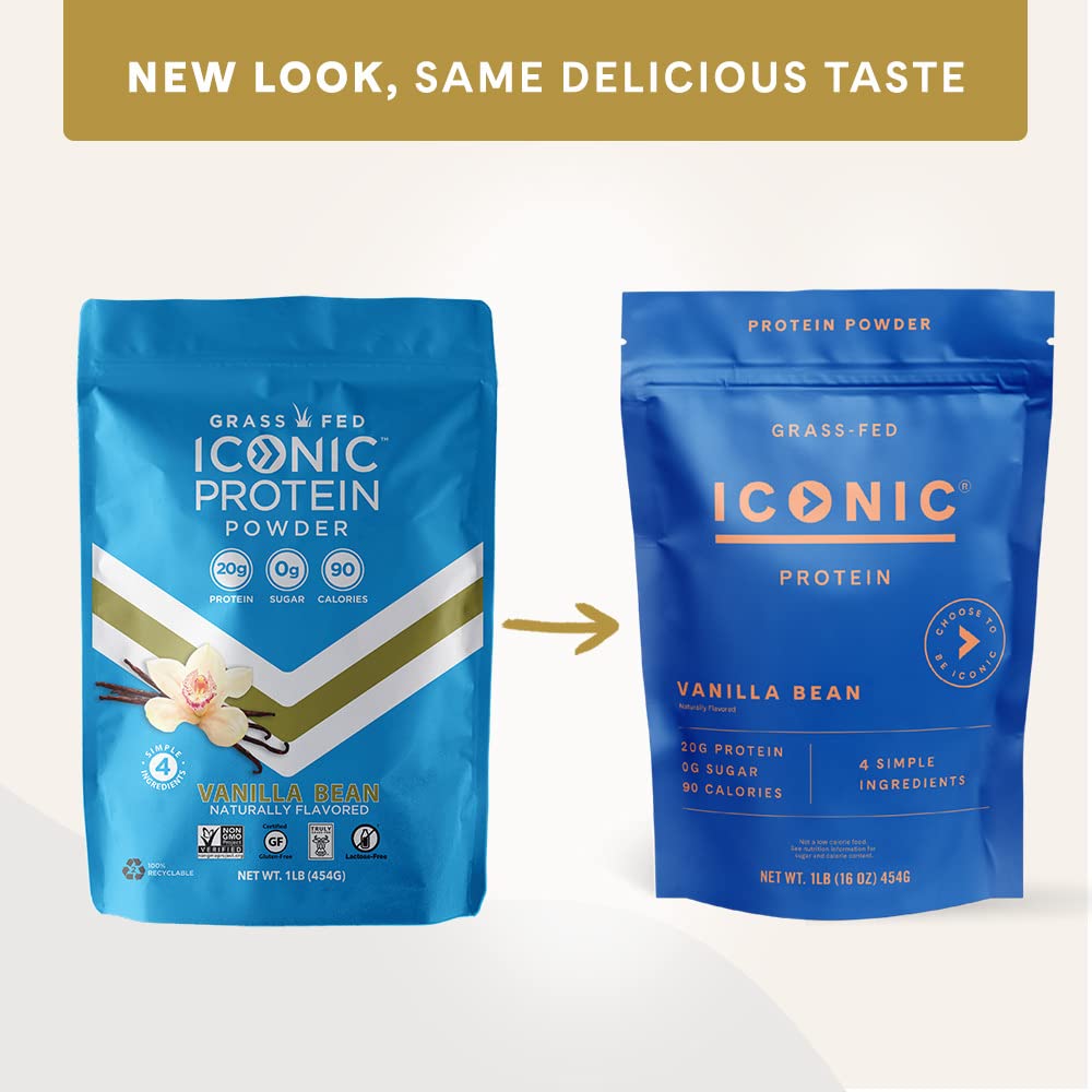 ICONIC Protein Powder, Vanilla Bean - Sugar Free, Low Carb Protein Powder - Lactose Free, Gluten Free, Non-GMO - 20g Grass Fed Whey & Casein Protein - Keto Friendly, 1 lb Pouch (18 Servings) - Maple Wellness Supplements