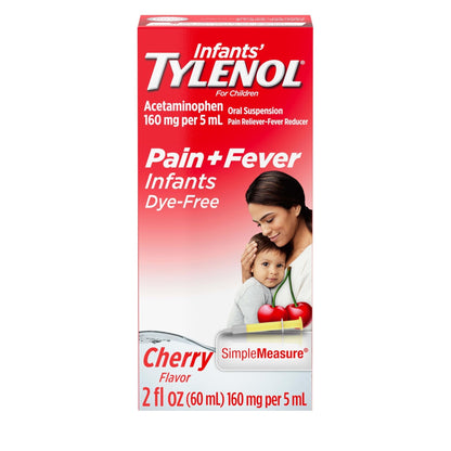 Infants' Tylenol Liquid Pain Reliever and Fever Reducer Medicine, Acetaminophen Oral Suspension for Sore Throat, Headache & Teething, Kids Fever Reducer; Dye-Free Cherry Flavor, 2 fl oz, Pack of 1 - Maple Wellness Supplements