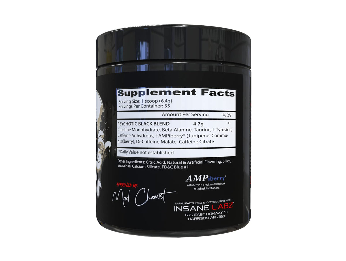 Insane Labz Psychotic Black Edition Mid Stimulant Pre Workout Powder, Energy Focus Pumps, Loaded with Creatine Beta Alanine Taurine Fueled by AMPiberry, 35 Servings (Blue Raspberry) - Maple Wellness Supplements