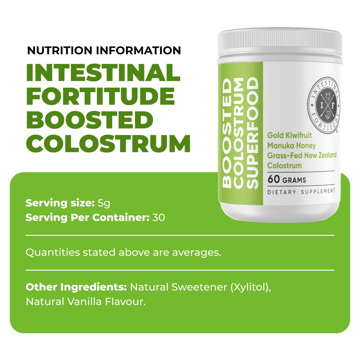 Intestinal Fortitude Boosted Colostrum Superfood Dietary Supplement: Grass-Fed New Zealand Bovine Colostrum, Gold Kiwifruit, Manuka Honey, for Digestion, Immune System, and Gut Health (60 Grams) - Maple Wellness Supplements