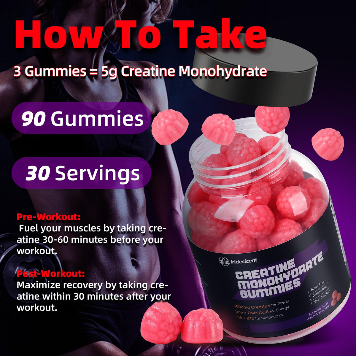 IRIDESICENT Creatine Monohydrate Gummies 5000mg w/Iron, Vitamin B6 & B12, Sugar Free 5g Creatine Supplements for Women and Men Boost Energy & Muscle Recovery - 90 Raspberry Gummies - Maple Wellness Supplements