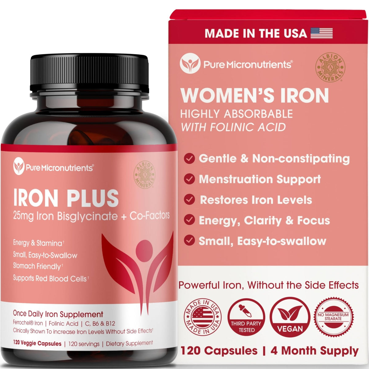 Iron Supplement for Women - Gentle Chelate Iron Bisglycinate 25mg with Vitamin C, B6, B12 Folic Acid – Supports Iron Deficiency - Maple Wellness Supplements
