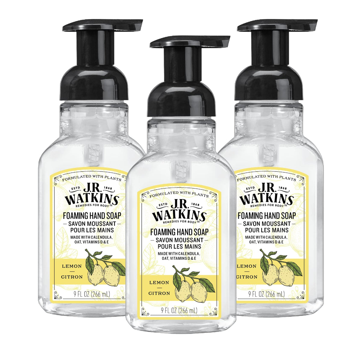 J.R. Watkins Foaming Hand Soap with Pump Dispenser, Moisturizing Foam Hand Wash, Alcohol-Free, Cruelty-Free, Citron, 9 fl oz, 3 Pack - Maple Wellness Supplements