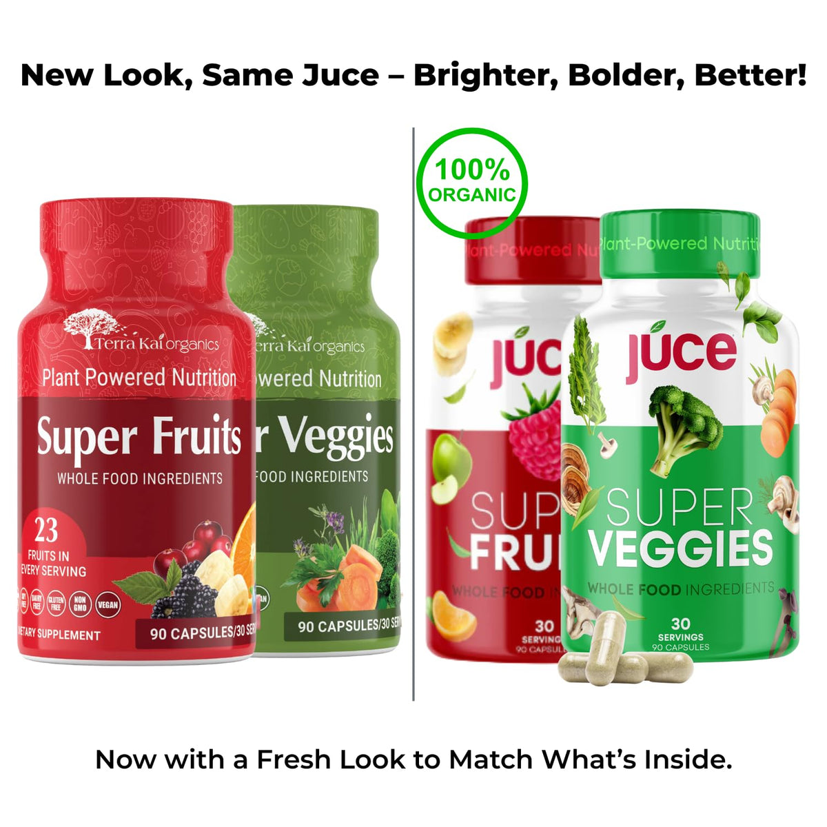 Juce Original Formula - Organic Super Fruit & Veggies Supplement - Gluten/Gelatin Free, Soy Free & Vegan- Reds & Greens Superfood Capsules- 23 Fruits & 23 Vegetables (180 Count)- By Terra Kai Organics - Maple Wellness Supplements