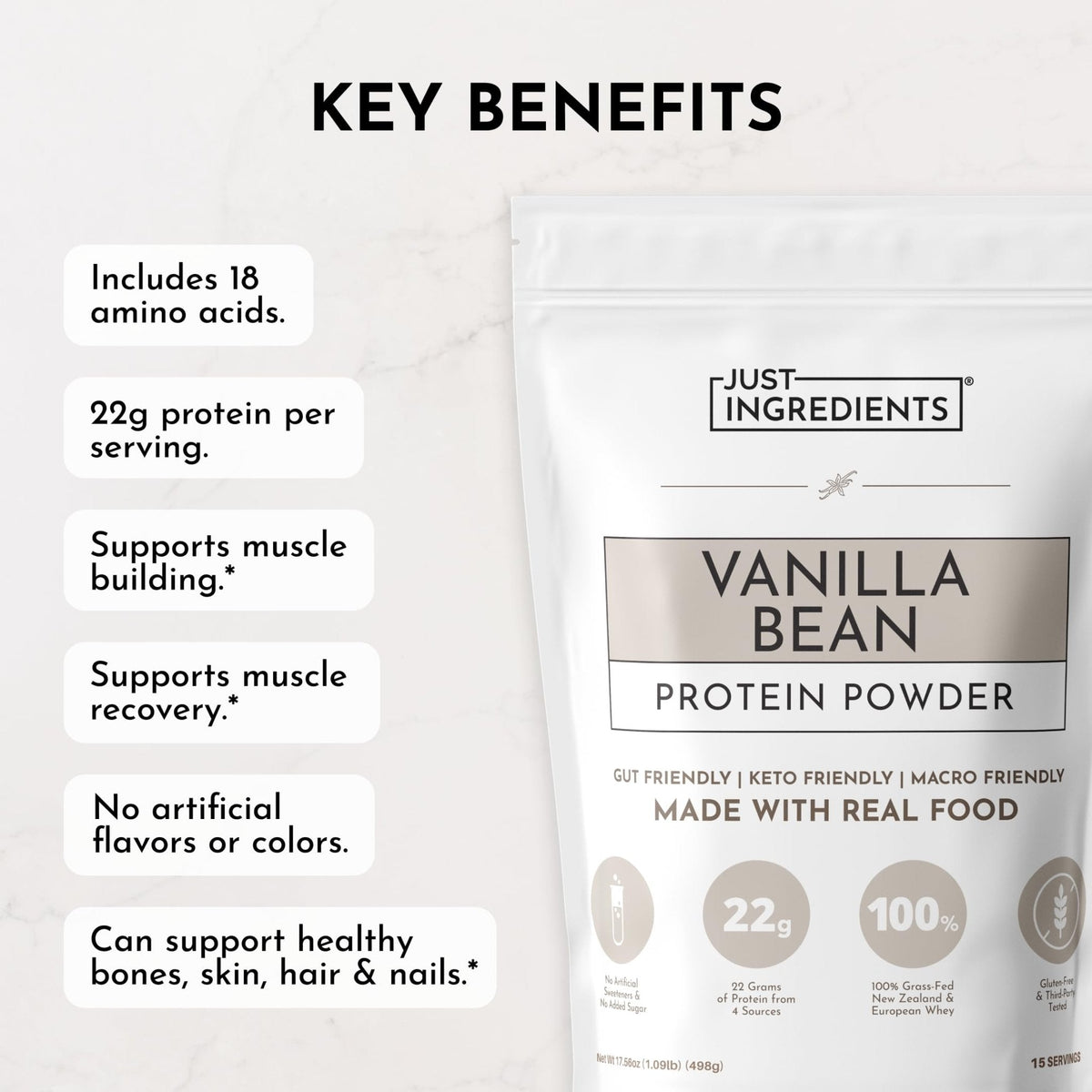 JUST INGREDIENTS Vanilla Protein Powder - Grass-Fed Whey Blend, Organic, Gluten Free, Dairy Free, Soy Free - 15 Servings, 22g Protein - Maple Wellness Supplements