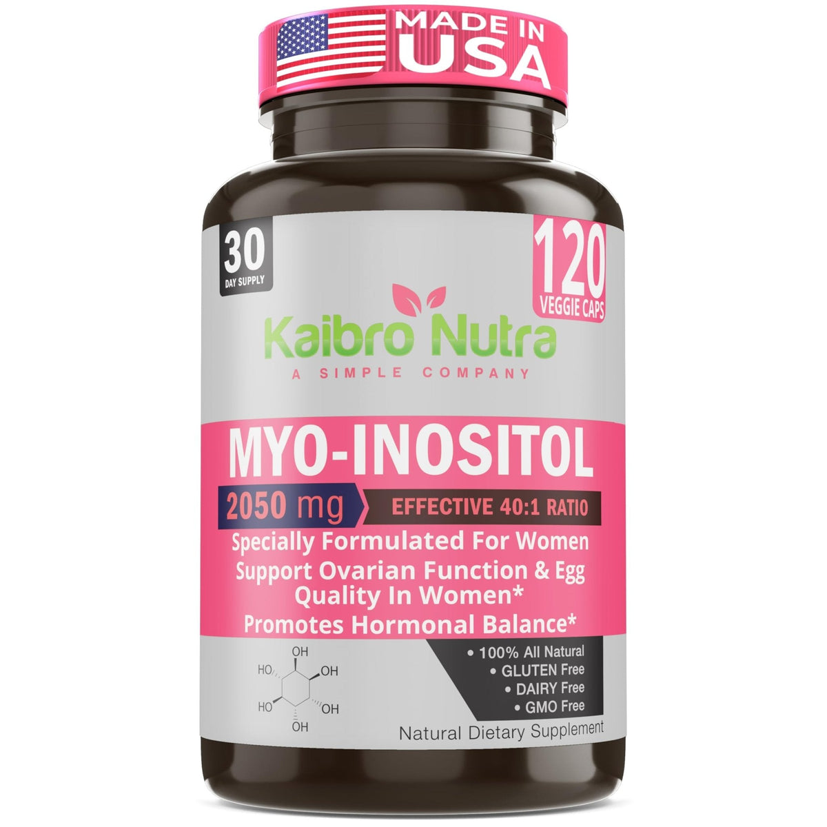 Kaibro Nutra Myo-Inositol Supplement, Myo-Inositol & D-Chiro Inositol 40:1 Ratio, Hormone Balance & Ovarian Support for Women with Vitamin B8, 2050mg, Vegan, Non-GMO Capsules 120 Count - Maple Wellness Supplements