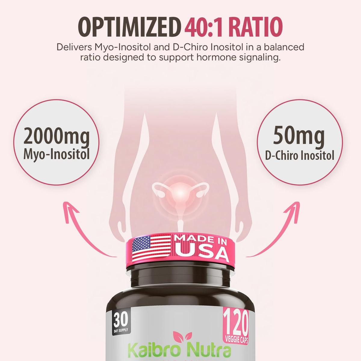 Kaibro Nutra Myo-Inositol Supplement, Myo-Inositol & D-Chiro Inositol 40:1 Ratio, Hormone Balance & Ovarian Support for Women with Vitamin B8, 2050mg, Vegan, Non-GMO Capsules 120 Count - Maple Wellness Supplements