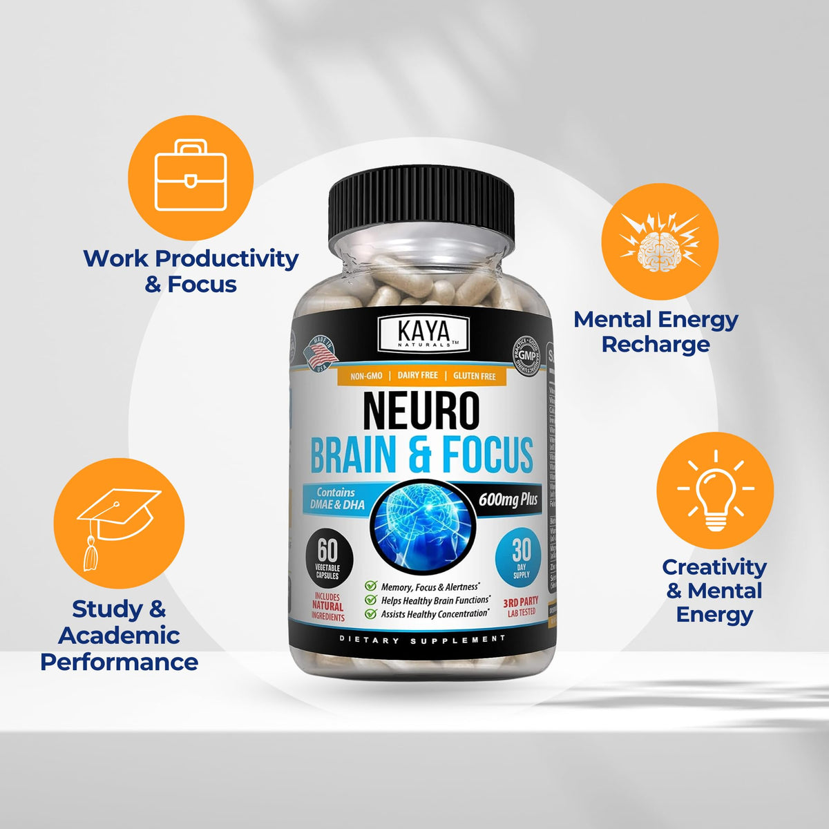 Kaya Naturals - Neuro Brain for Memory & Focus - Nootropic Energy Capsule - Nootropic Brain Support Supplement - Focus & Concentration & Learning Accuracy - Cognitive Function - 60 Count - Maple Wellness Supplements