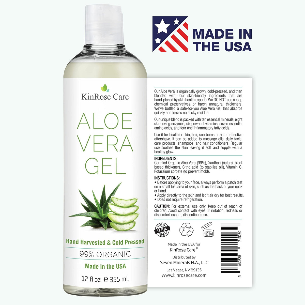 KinRose Care, 12oz Organic Aloe Vera Gel for Face, Skin, Hair & Sunburn Relief - From 100 Percent Pure Aloe Vera - Maple Wellness Supplements