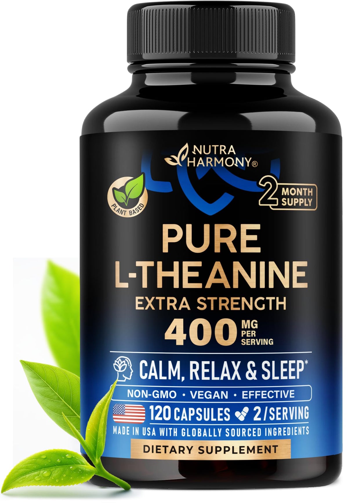 L Theanine 400 mg | L-Theanine Stress Relief | Extra Strength Supplement | Made in USA | Relaxation, Sleep & Calm Support | For Men & Women | Plant Based - Maple Wellness Supplements