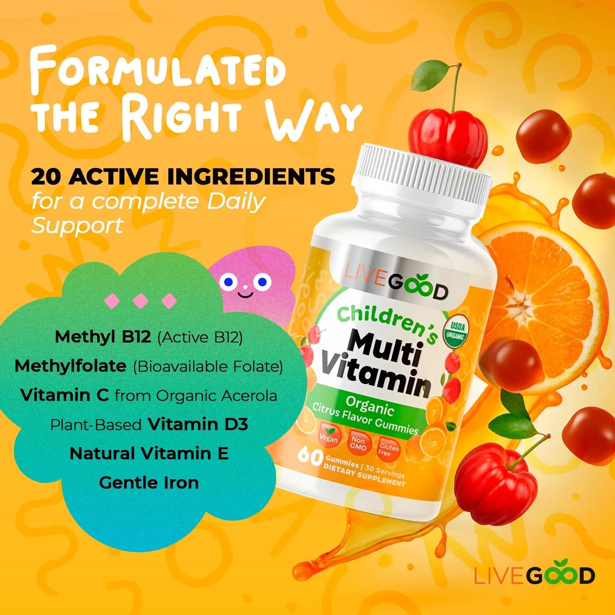 LIVEGOOD Organic Children’s Multivitamin Gummies, Kids Multivitamin, Vitamin D for Toddlers and Children, Organic Kids Chewable Vitamins for Immunity - Maple Wellness Supplements