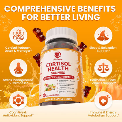 Lukaree Cortisol Supplements for Women & Men, 15 in 1 Cortisol Reducer Manager, Cortisol Calm Gummies with Ashwagandha, Magnesium, L-theanine, GABA - for Mood, Focus, Sleep - Vegan Sugar Free, 60 Ct. - Maple Wellness Supplements